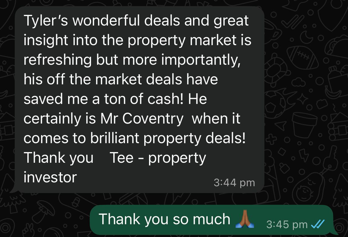 Testimonial from Tee - property investor praising Tyler's wonderful deals and off-market opportunities