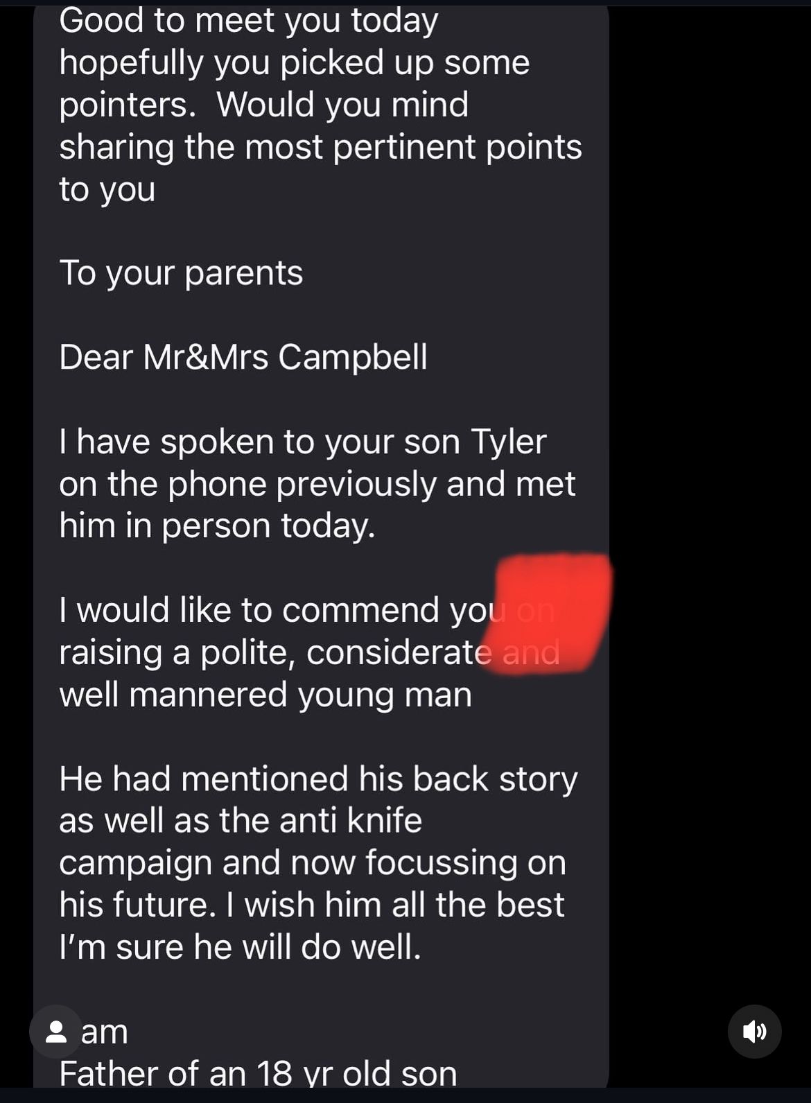 Character reference letter commending Tyler as a polite, considerate and well-mannered young man