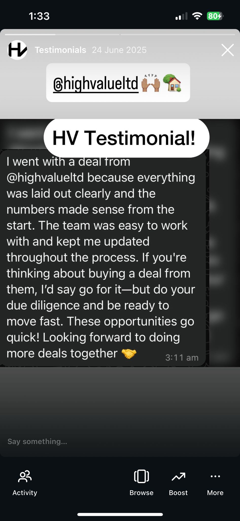 Instagram testimonial for High Value Ltd praising clear communication and fast-moving opportunities
